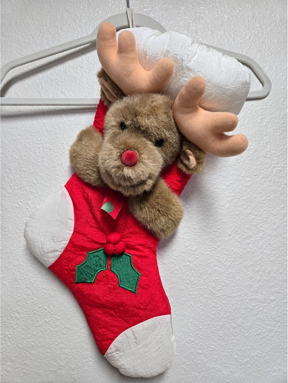 Vintage 3D Plush Reindeer Christmas Stocking Quilted Puffy Nylon Red Bow Korea